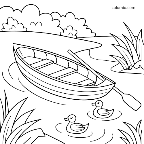 Eenvoudige lijntekening van een roeiboot op een rustige vijver met twee eenden, riet en struiken langs de oever.
