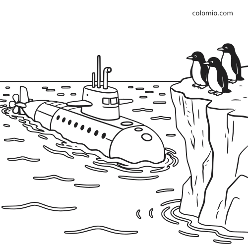 Een eenvoudige cartoononderzeeër vaart naast een hoge ijsberg, terwijl drie pinguïns op het ijs staan te kijken.