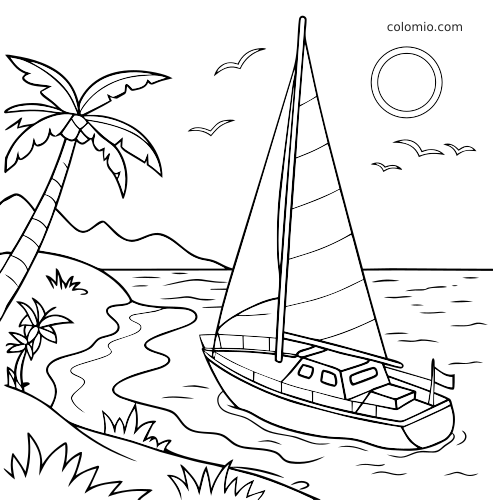 Een eenvoudige zeilboot vaart bij een zonnig strand met palmbomen, vogels, rustige golven en de zon in zwart-witte lijntekening.