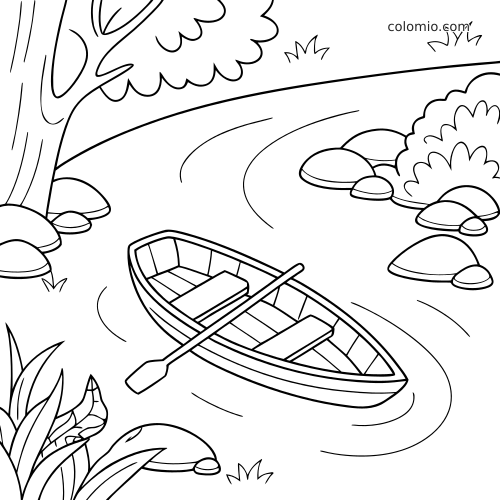 Een eenvoudige roeiboot met één roeispaan drijft op een kronkelende rivier, omringd door stenen, struiken en bomen in lijntekening.