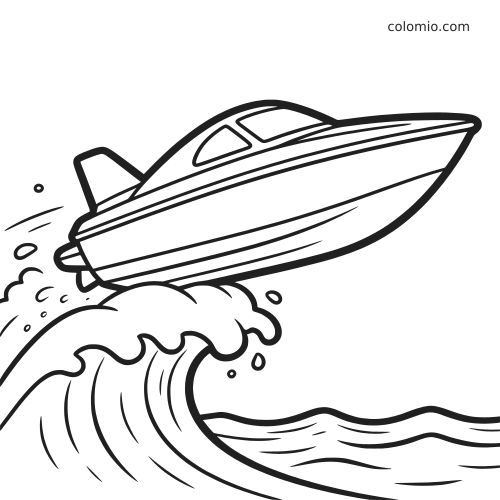 Eenvoudige lijntekening van een speedboot die tijdens een race over een grote oceaangolf springt, in cartooneske stijl.