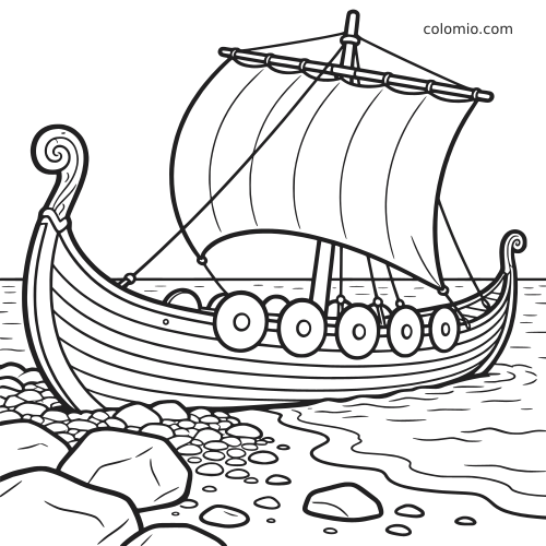 Een Vikinglangschip ligt aan een rotsachtige kust, met een groot gehesen zeil en ronde schilden langs de zijkant.