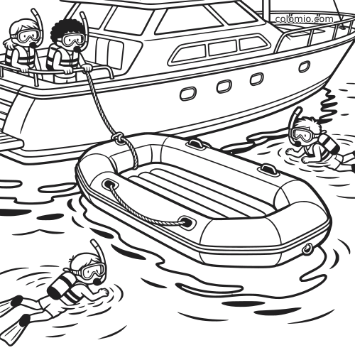 Zwart-witte kleurplaat van een jacht met een opblaasboot ernaast en kinderen die in het water snorkelen.