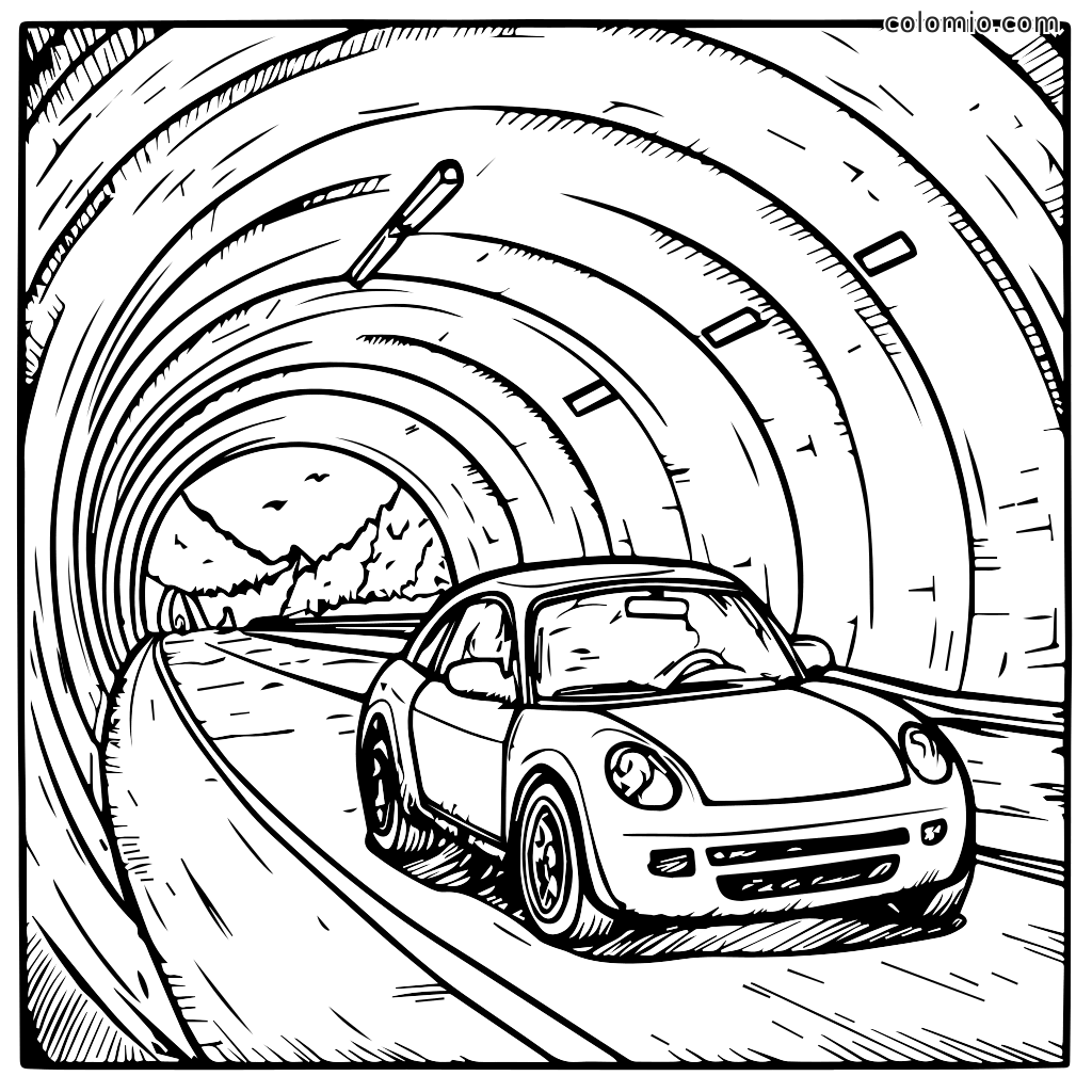 Une page à colorier simple représentant une voiture traversant un tunnel avec des montagnes en arrière-plan.