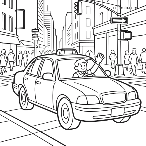 Un taxi roule sur une place animée en ville pendant que le chauffeur souriant fait signe de la main par la fenêtre avant.