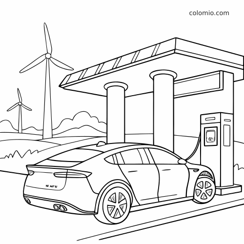 Vue arrière de côté d’une voiture électrique en charge sous un auvent, avec des éoliennes à l’arrière-plan.