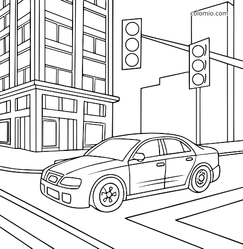 Une berline roule dans une rue animée en ville, avec de grands immeubles, des passages piétons et des feux de circulation.