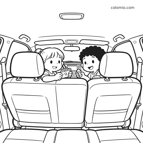 Vue de l’intérieur d’une voiture avec deux enfants souriants assis sur la banquette arrière, en train de jouer avec des consoles portables.