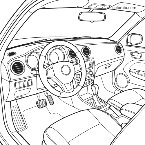 Dessin au trait détaillé de l’intérieur d’une voiture, avec volant, tableau de bord, pédales, sièges et console centrale vus côté conducteur.