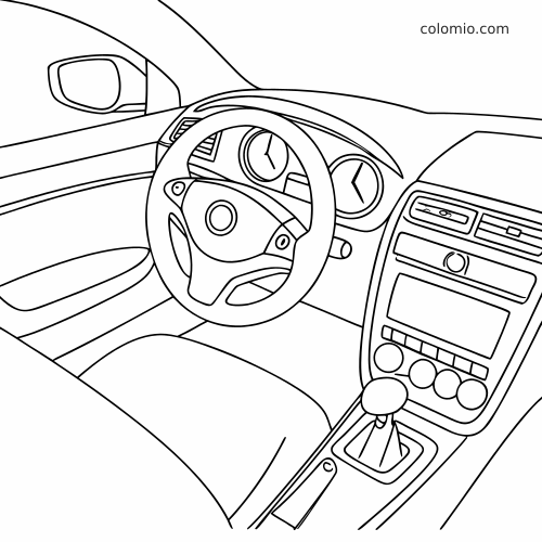 Dessin au trait de l’intérieur d’une voiture avec volant, compteurs, console centrale et levier de vitesse vus de près.