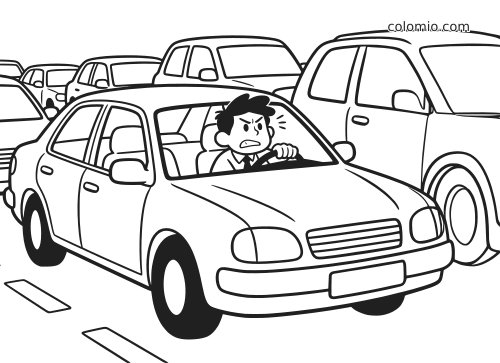 Une voiture de dessin animé coincée dans un embouteillage, avec un conducteur en colère visible derrière le pare-brise et des voitures tout autour.