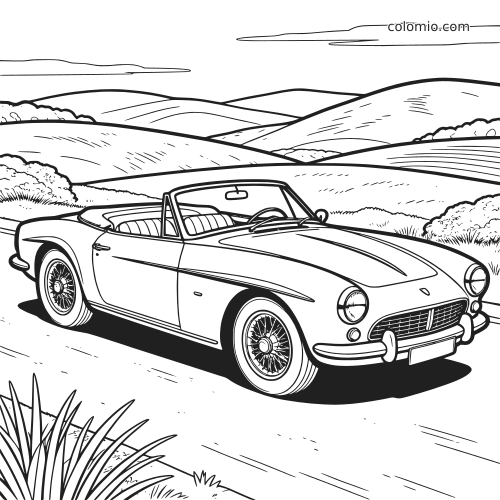 Un cabriolet classique roule sur une route de campagne, avec des collines ondulées à l’arrière-plan, en contours noirs nets.