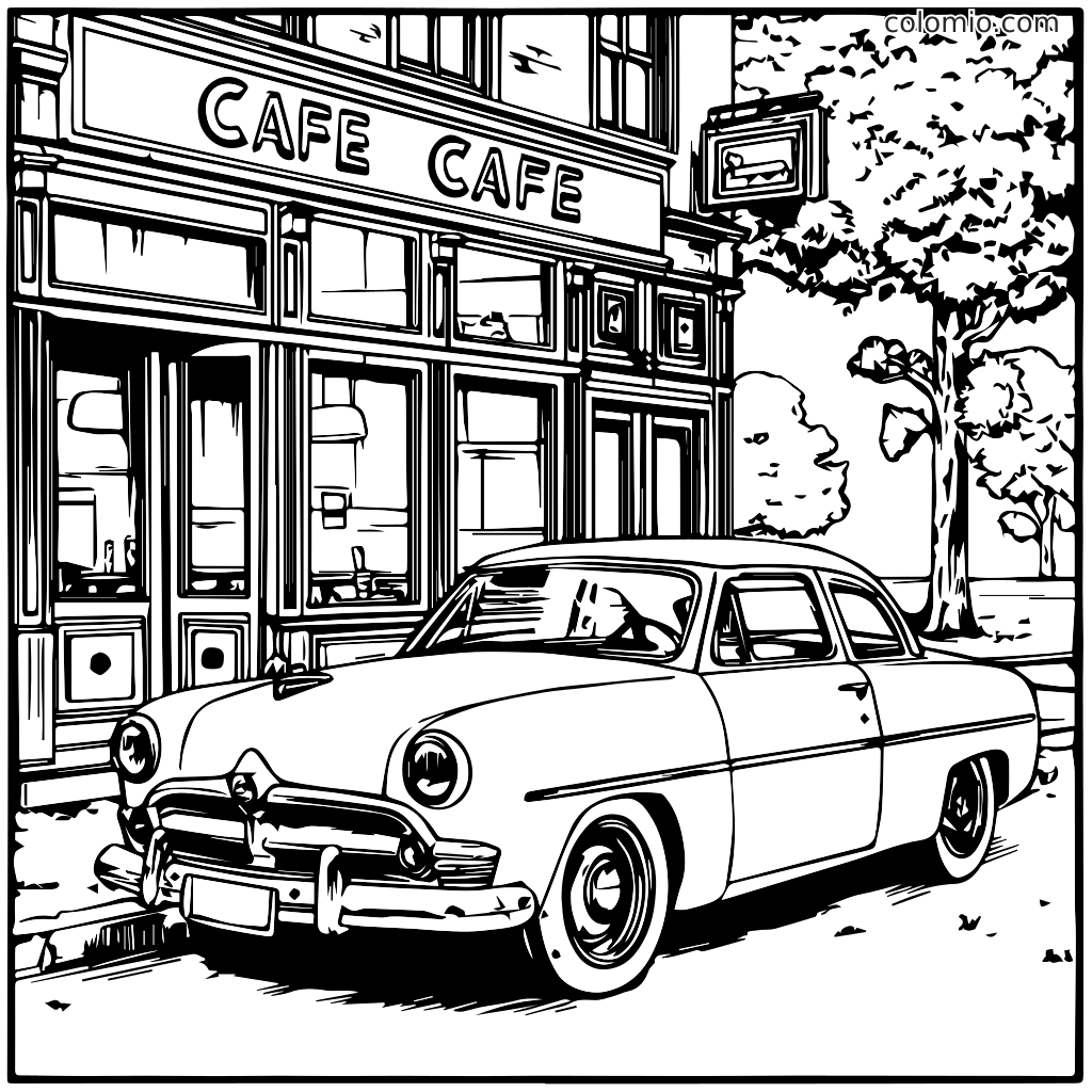 En klassisk bil parkeret foran en café, perfekt til farvelægning.