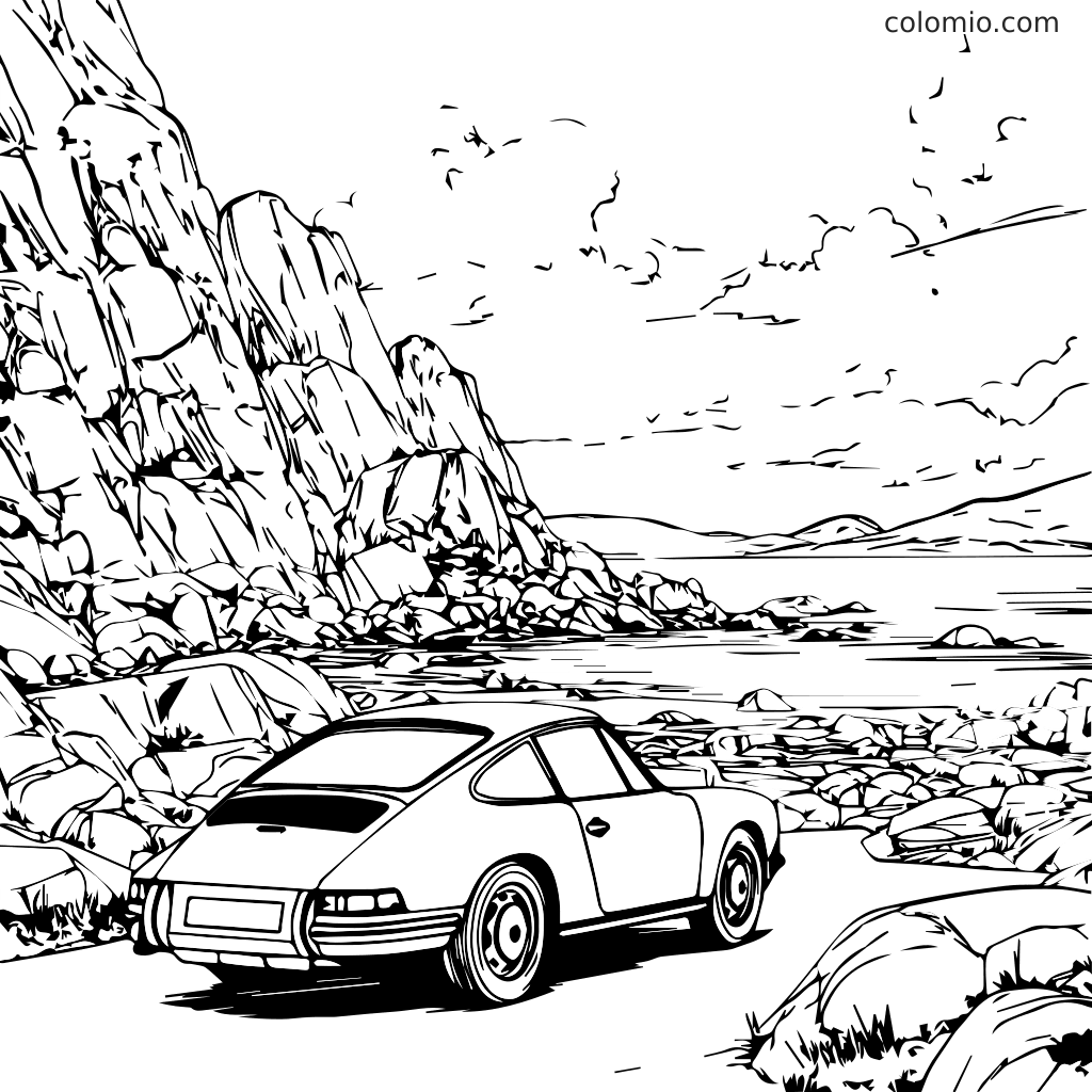 En svartvit färgläggningssida med en bil parkerad nära en klippig kust med havsutsikt.