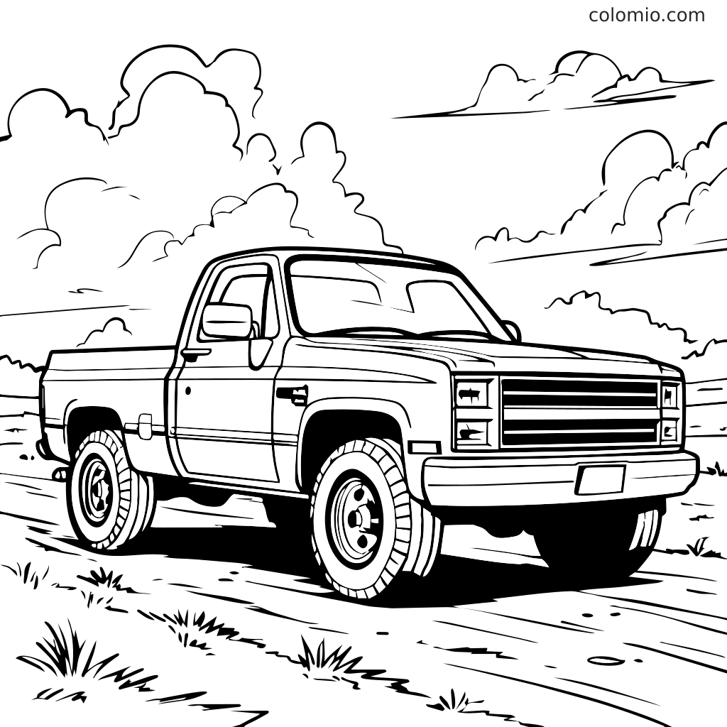 Czarnobiały kontur klasycznego pickupa na żwirowej drodze z chmurami w tle.