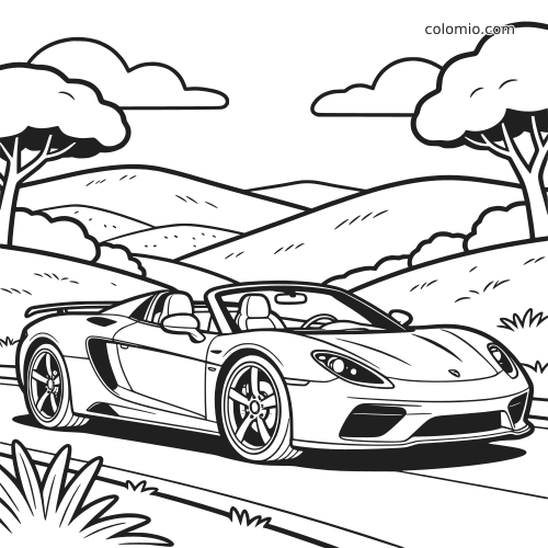 Une voiture de sport décapotable garée sur une route, avec des collines, des arbres et des nuages en arrière-plan.