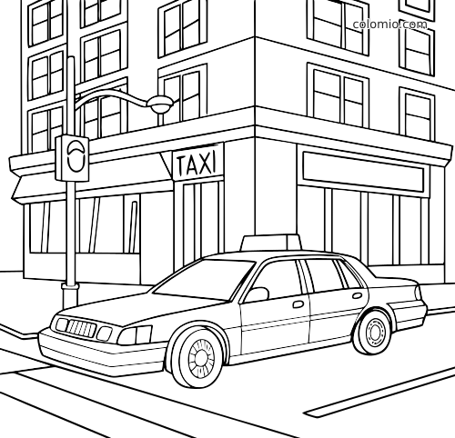 Vue en noir et blanc d’un taxi garé au coin d’un immeuble urbain, avec vitrines, enseigne taxi et lampadaire.