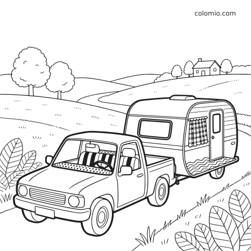 Un pick-up détaillé tracte une caravane arrondie sur une route de campagne, avec collines, arbres et une maison au loin.