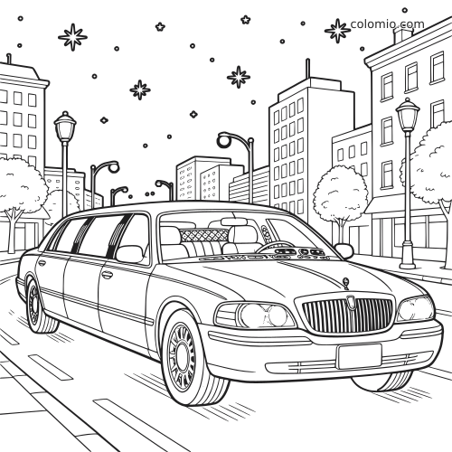 Une longue limousine détaillée roule dans une rue de ville la nuit, avec des étoiles, des lampadaires et de grands immeubles autour.