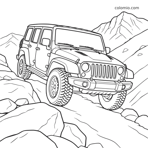 SUV tout-terrain détaillé franchissant de gros rochers sur un sentier de montagne, vu de trois quarts avant.