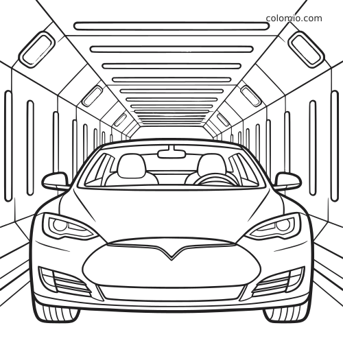 Vue de face d’une voiture électrique roulant dans un tunnel futuriste avec de longues lumières au plafond, en dessin au trait.