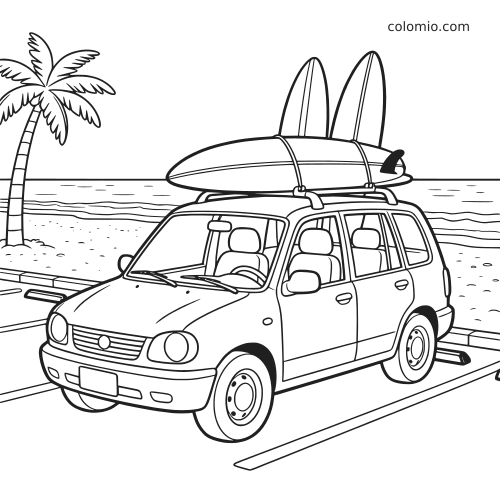 Une voiture familiale garée près de la plage, avec des planches de surf fixées sur le toit, en dessin au trait.