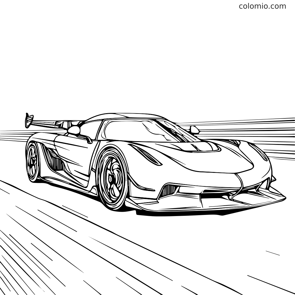 En detaljerad linjeteckning av en snabb sportbil i rörelse på en racerbana, perfekt för att färglägga.
