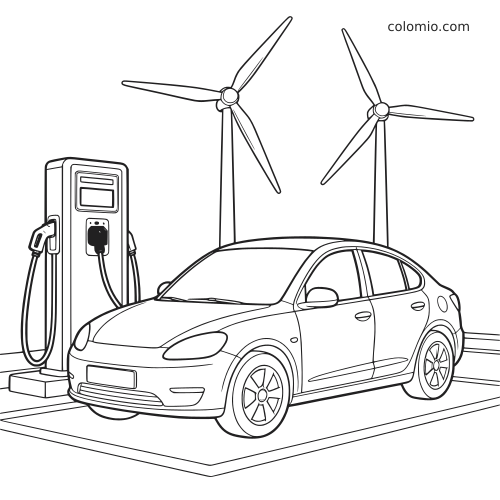 Une voiture électrique vue de trois quarts avant recharge à une borne, avec deux grandes éoliennes à l’arrière-plan.
