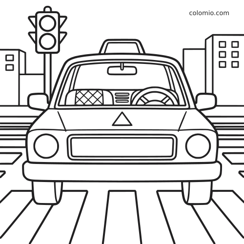 Vue de face en noir et blanc d’un taxi arrêté à un carrefour en ville, avec passage piéton, feu tricolore et immeubles.