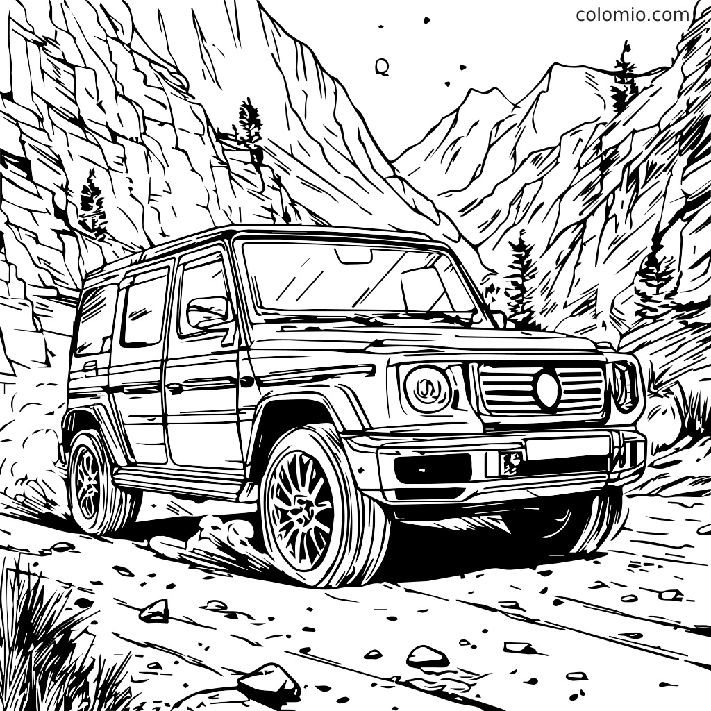 En detaljerad färgläggningssida med en off-road G-Series SUV i tidlös, boxformad all-terrain stil som kör genom en stenig bergsstig.