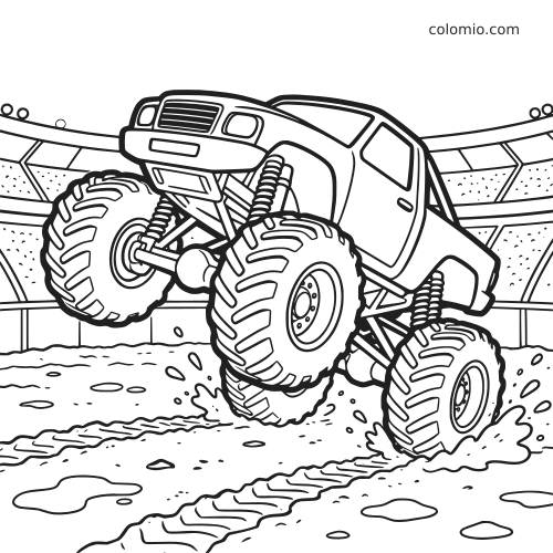 Un monster truck fait une roue dans une arène boueuse, avec d’énormes pneus, des éclaboussures de boue et des gradins en arrière-plan.