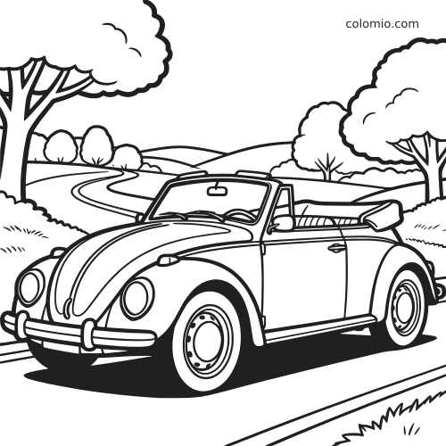 Voiture ancienne décapotable en noir et blanc, vue de trois quarts avant, roulant sur une route de campagne sinueuse bordée d’arbres.