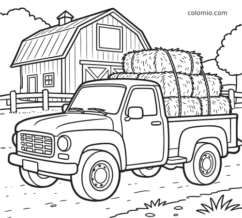 Page de coloriage en noir et blanc montrant un pick-up chargé de bottes de foin devant une grange, dans une ferme.