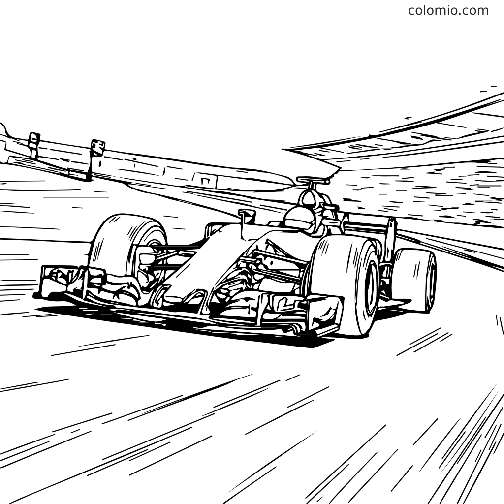 En detaljerad kontur av en racingbil som kör på en bana, perfekt för att färglägga.