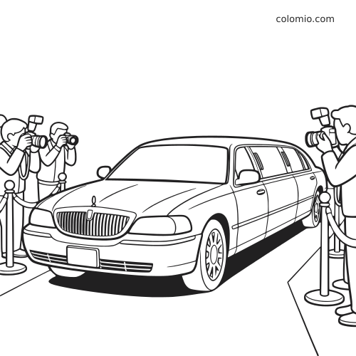 Une longue limousine berline arrive sur un tapis rouge, entourée de photographes de chaque côté qui prennent des photos.