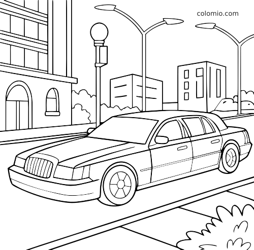 Une longue limousine de type berline roule dans une rue de ville, avec des lampadaires, des immeubles et des contours simples.