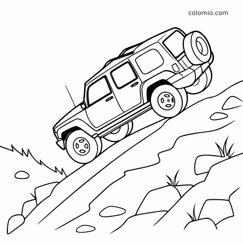 Dessin au trait d’un 4x4 vu de côté, en train de gravir une pente escarpée sur un chemin rocailleux.
