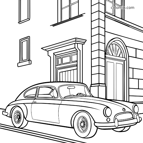 Un coupé vintage simple est garé devant un vieux bâtiment d’angle, avec des contours épais et peu de détails architecturaux.