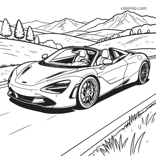Un'auto sportiva cabrio percorre una strada tortuosa tra colline, alberi e montagne sullo sfondo.