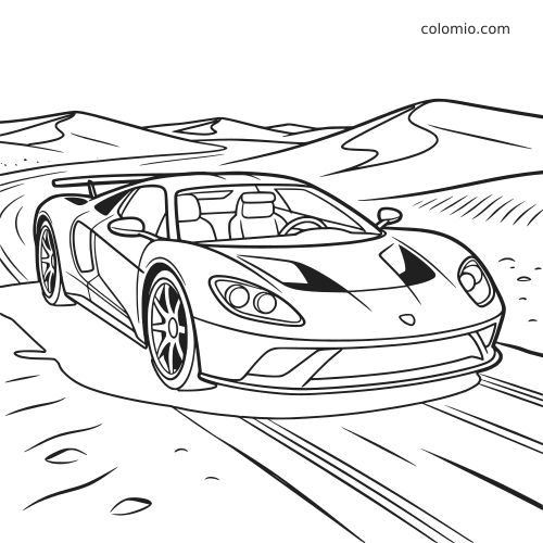 Une supercar décapotable roule sur une piste de course dans le désert, avec des dunes en arrière-plan, en dessin au trait.