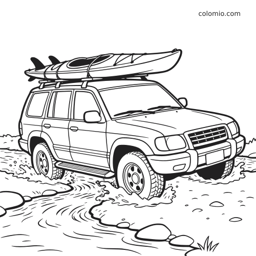 Dessin au trait en noir et blanc d’un SUV avec deux kayaks sur le toit traversant un gué peu profond et rocheux.