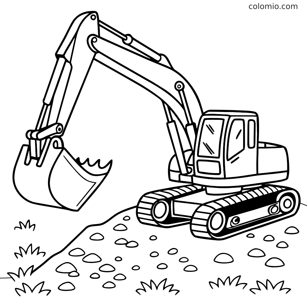 En gravemaskine med en stor graveskovl, lang leddelt arm, førerhus og larvebånd står på stenet jord med små græstotter.