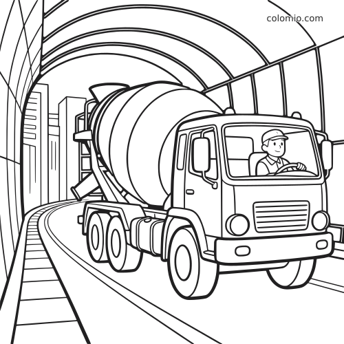 En betongbil med en smilende sjåfør kjører gjennom en buet bytunnel i en ren svart-hvitt strektegning.