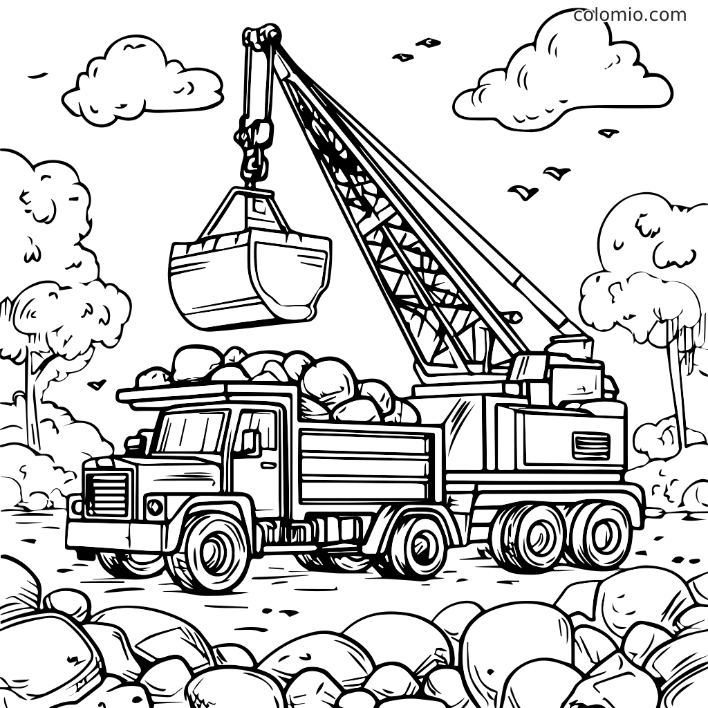 En farvelægningsside med en byggeplads, hvor en kran løfter en spand over en lastbil fyldt med sten.