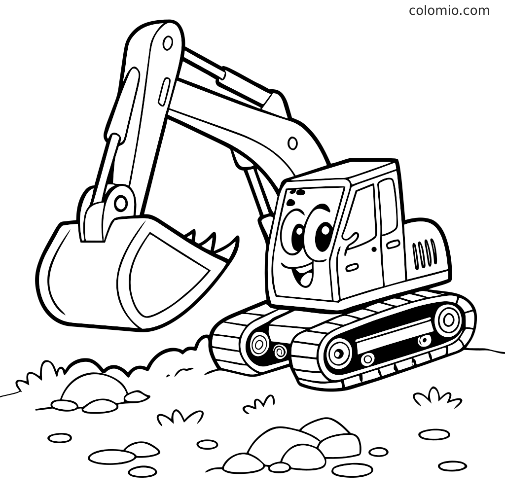 En tegneserieagtig malebogsside med en gravemaskine på larvefødder, stor skovl, arm og enkle sten på jorden.