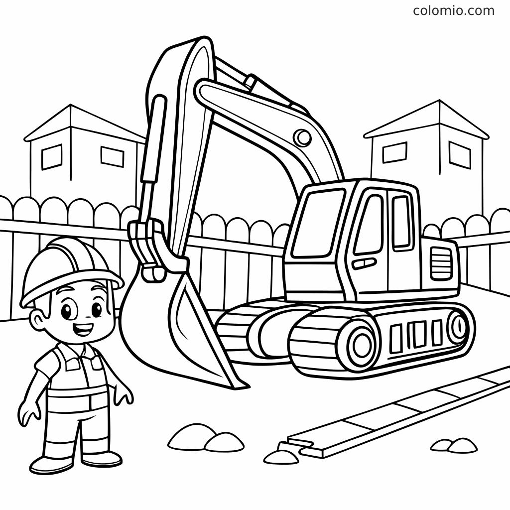 En gravemaskine med en stor graveskovl står på en byggeplads ved siden af en arbejder med hjelm og sikkerhedsvest.