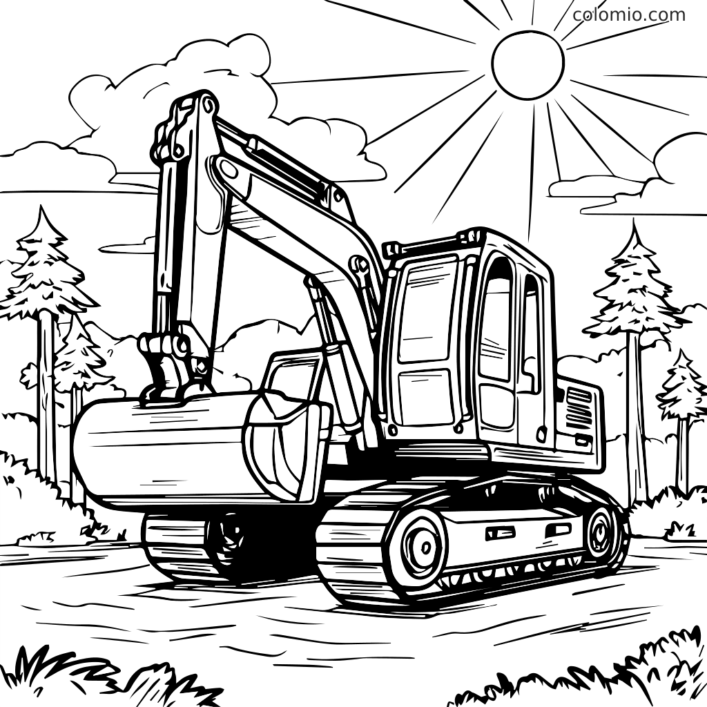 En detaljeret maleblad med en gravemaskine i et naturskønt landskab med træer og sol.