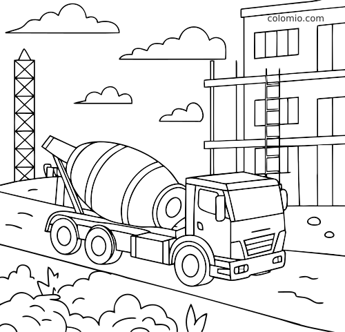 En enkel betongbil står ved en bygning under oppføring, med stige, skyer og en byggekran i bakgrunnen.