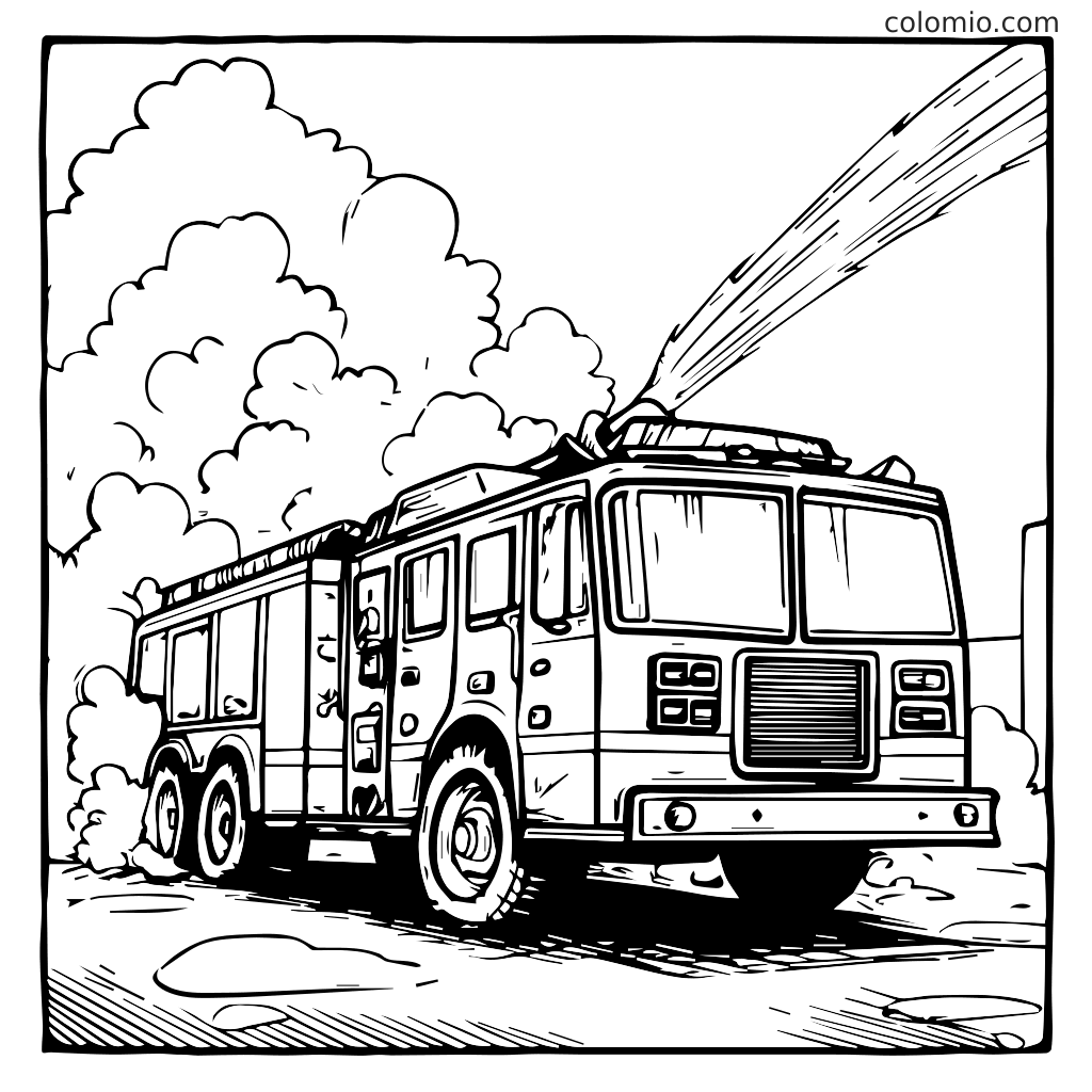 Yksityiskohtainen viivapiirros palokunta-autosta, joka suihkuttaa vettä savun keskellä, täydellinen värittämiseen.