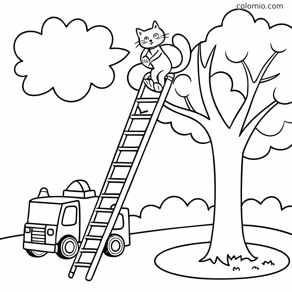 Un chat est assis sur une échelle dans un arbre à côté d’un camion de secours, dans une scène de coloriage simple en noir et blanc.